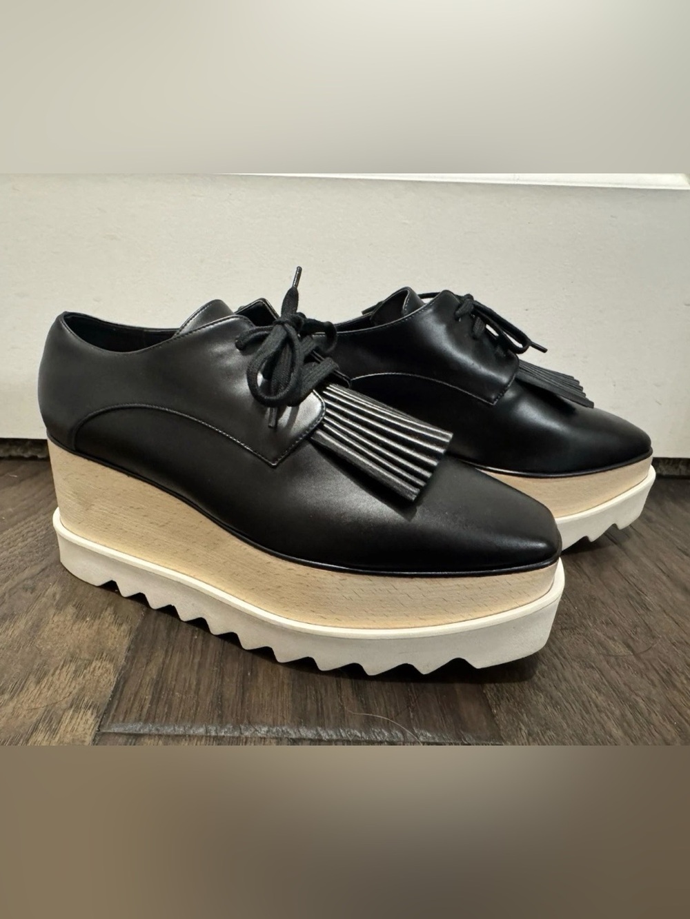 Stella McCartney Black Elyse Vegan Leather Platform Oxfords with White Sole